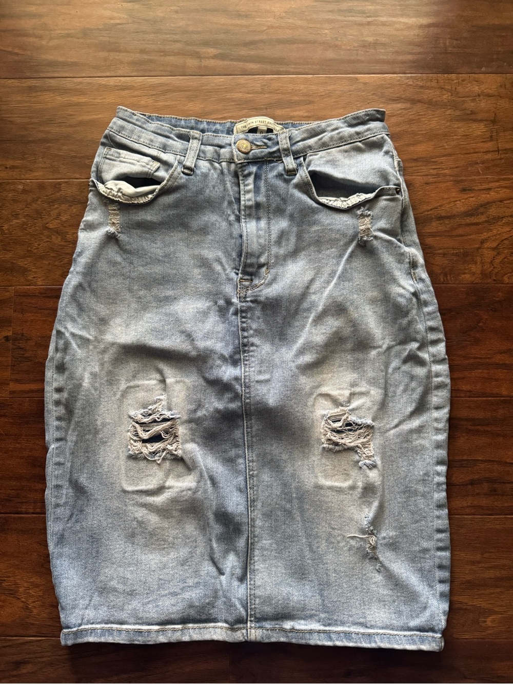 Light Blue Distressed Denim Pencil Skirt
